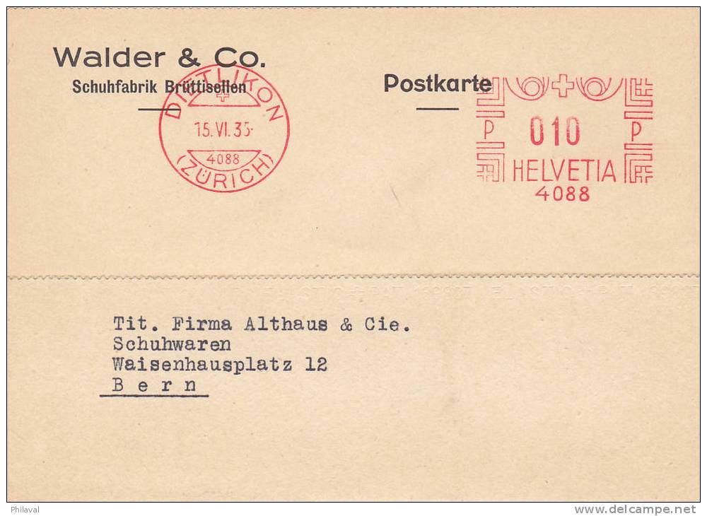 Entier Postal De La Firme Walder & Co, Schuhfabrik Brüttisellen - Oblitéré Dietlikon Le 15.VI.1935 - Stamped Stationery