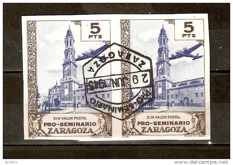 SPAIN 1945 PRO SEMINARIO  ZARAGOZA PAIR IMPERF #4 - Spanish Civil War Labels