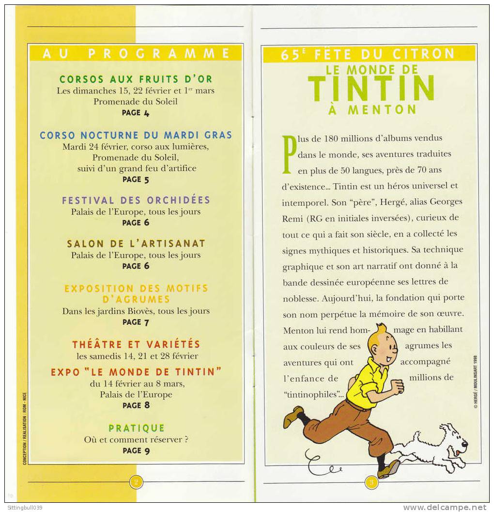 LE MONDE DE TINTIN A MENTON (06). Dépliant Pub Pour La 65e Fête Du Citron. Hergé / Moulinsart 1998 - Objets Publicitaires