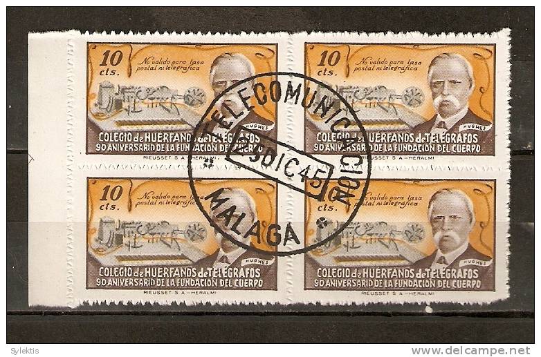 SPAIN 1945 HUERFANOS DE TELEGRAFOS MALAGA BL4 - Marcas De Censura Nacional