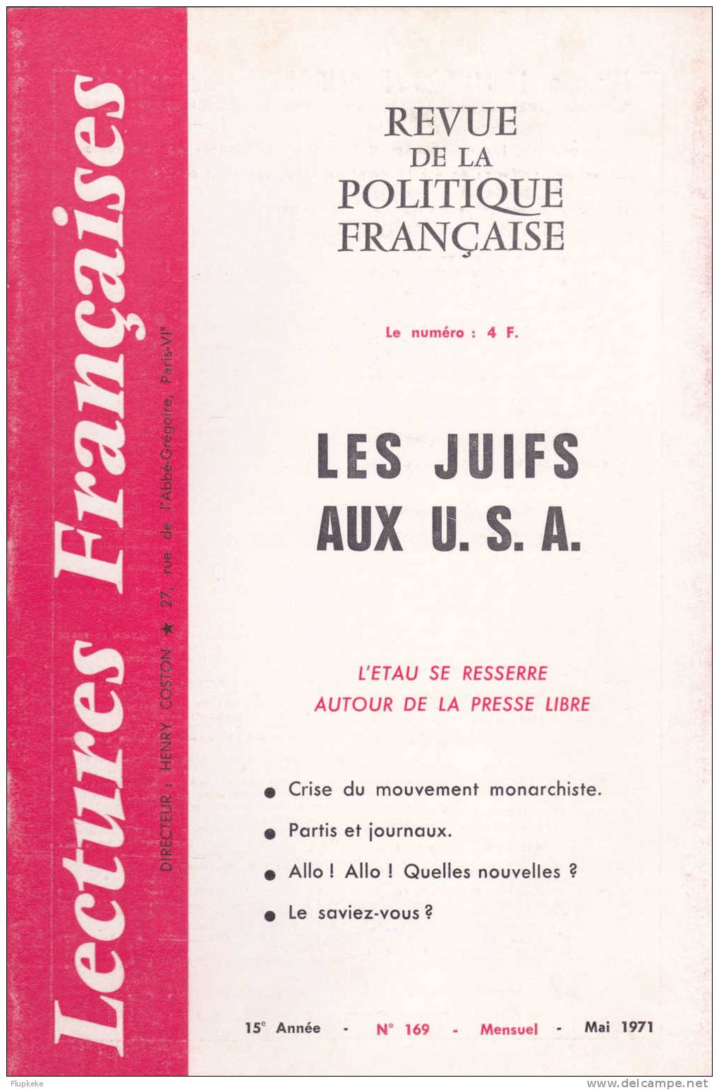 Lectures Françaises 169 Mai 1971 Henri Coston Revue De La Politique Française - Política