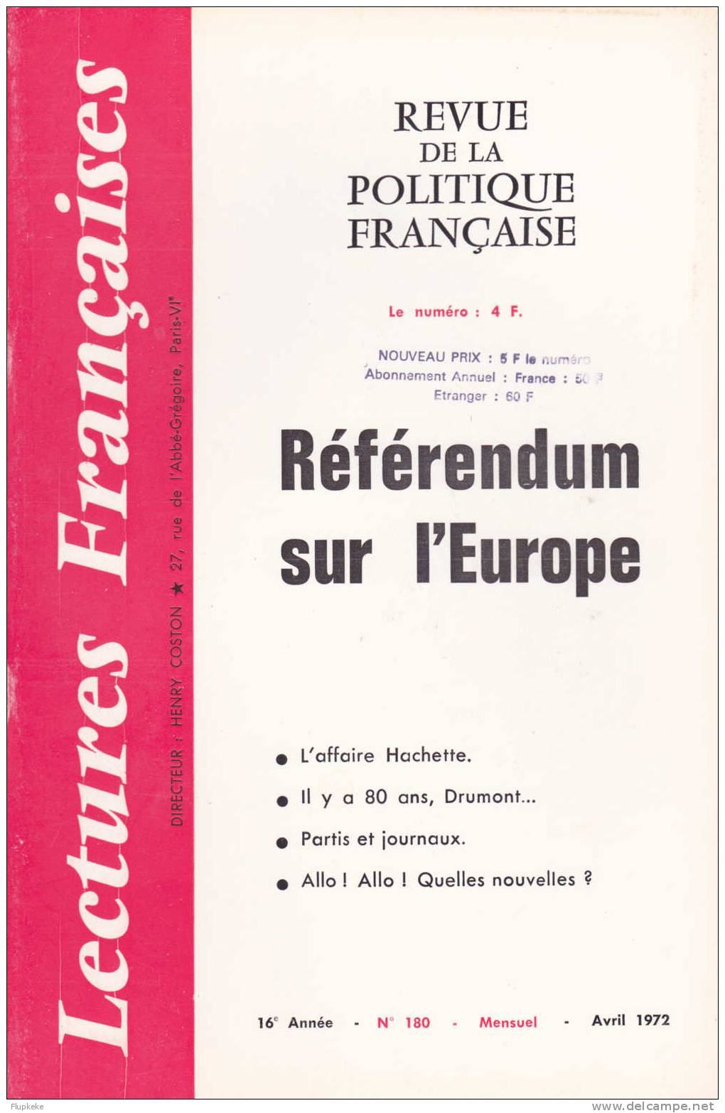 Lectures Françaises 180 Avril 1972 Henri Coston Revue De La Politique Française - Política