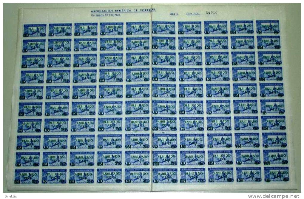 SPAIN RURAL OV. HABILITADO & NEW VALUE 5 PARA GREEN PAIFULL SHEET OF 100 STAMPS - Spanish Civil War Labels