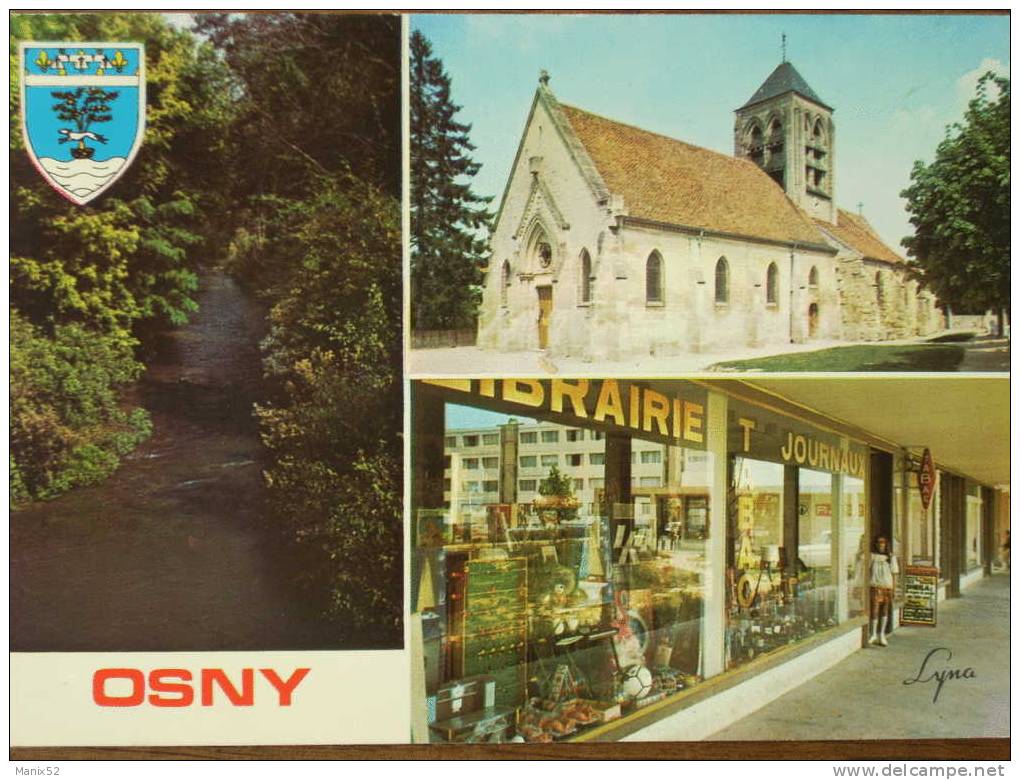 95 - OSNY - La Viosne, L'Eglise Et Le Centre Commercial. Multivues Avec Blason - Osny