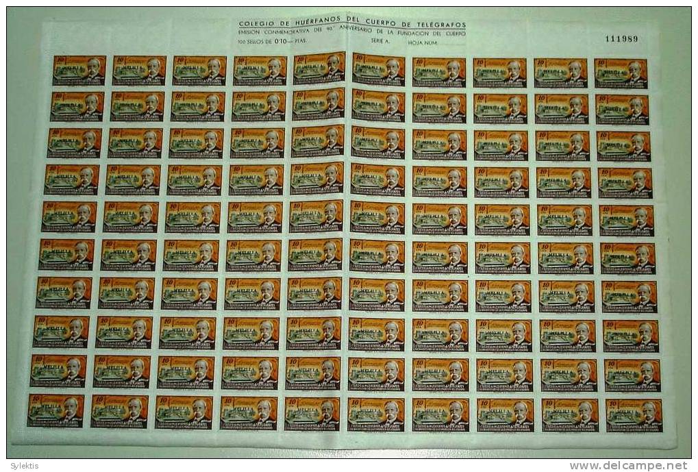 SPAIN 1945 HUERFANOS DE TELEGRAFOS OV. MELILLA FULL SHEET OF 100 STAMPS - Kriegssteuermarken
