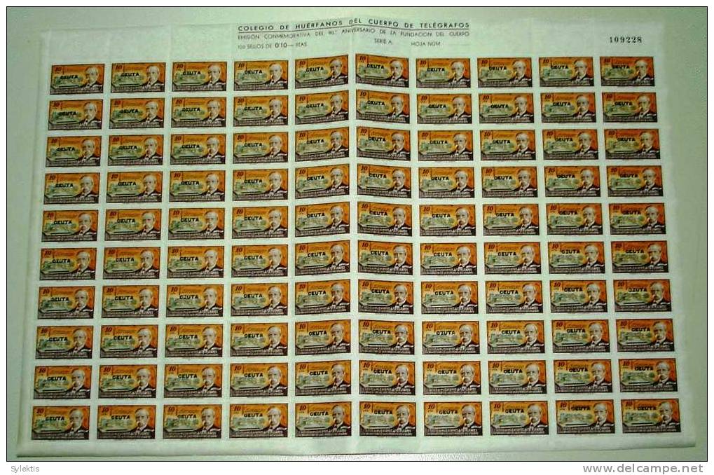 SPAIN 1945 HUERFANOS DE TELEGRAFOS OV. GEUTA FULL SHEET OF 100 STAMPS - Kriegssteuermarken