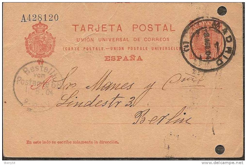 1902-T.Ps.-ED.42Aa(Rojo S/ Anteado)-ALFONSO XIII  CADETE-U.P.U.-USADO DE MADRID A BERLIN 08.08.1902-taladros De Archivo - 1850-1931