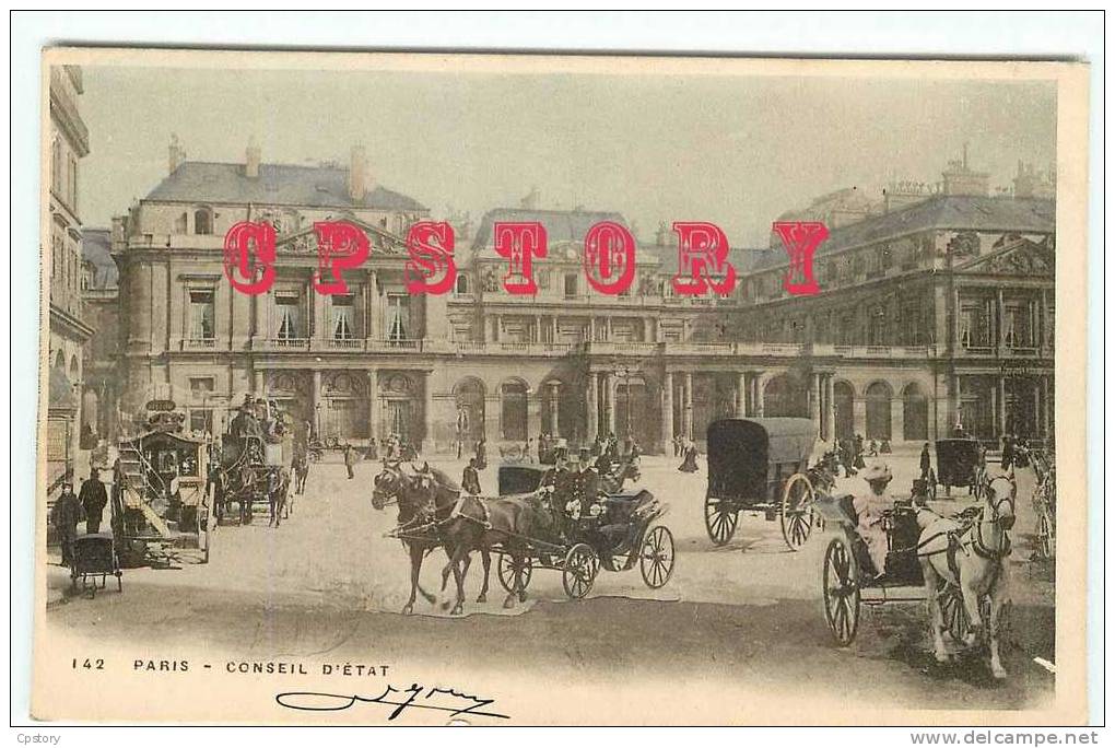 RARE - 75001 PARIS - HIPPOMOBILE - CALECHE & FIACRE Devant Le Conseil D'Etat à Paris En 1900 - Dos Scané - Public Transport (surface)