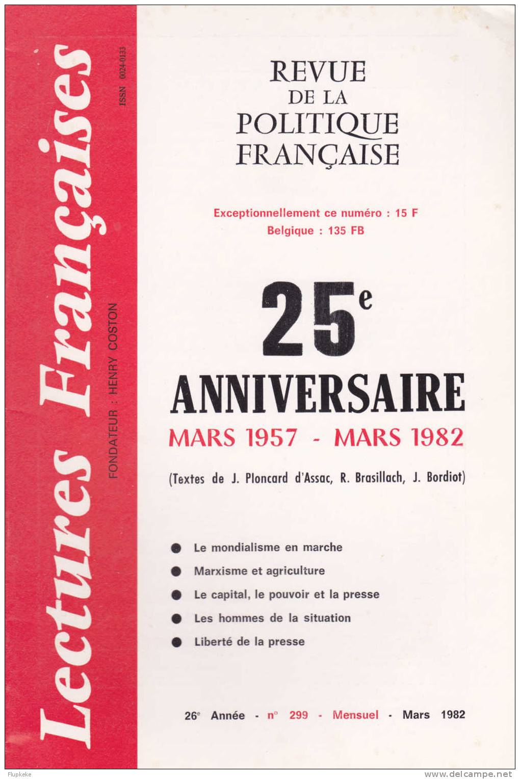 Lectures Françaises 299 Mars 1982 Henri Coston Revue De La Politique Française - Política