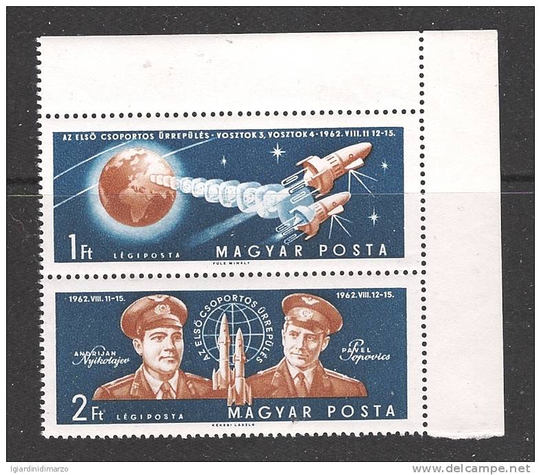 UNGHERIA - 1962: 2 ValorI Nuovi S.t.l. Da 1 Fo. E 2 Fo. Uniti Con Angolo Di Foglio- VOLI COSMICI - In Ottime Condizioni. - Europa