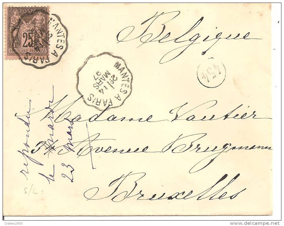 N° Y&t  97  Lettre  CACHET CONVOYEUR    NANTES Vers PARIS  Le   14 MARS 1897  (VOIR VERSO) - 1877-1920: Période Semi Moderne