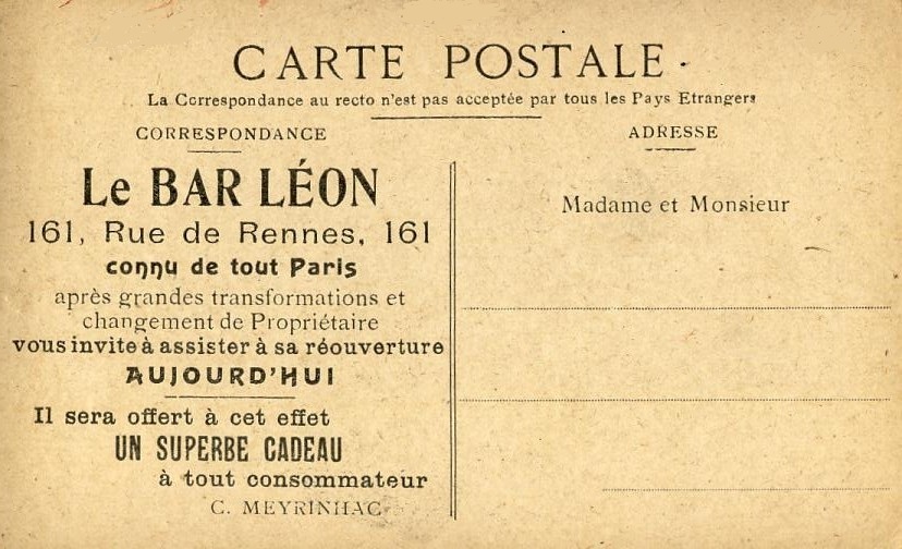 Commerce - Métiers - Vollailler - Chasseur Fusil - Bar Léon 161 Rue De Rennes 75006 Paris - Cafés