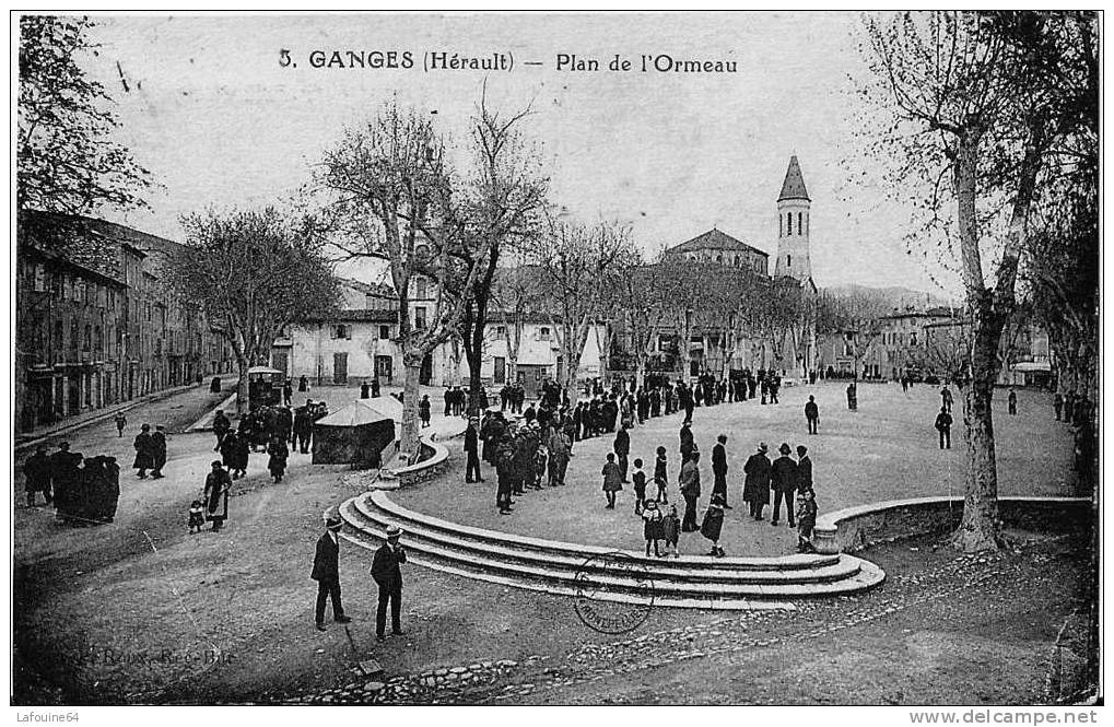 GANGES - Place De L´Ormeau Animée - Temple Protestant - Ganges