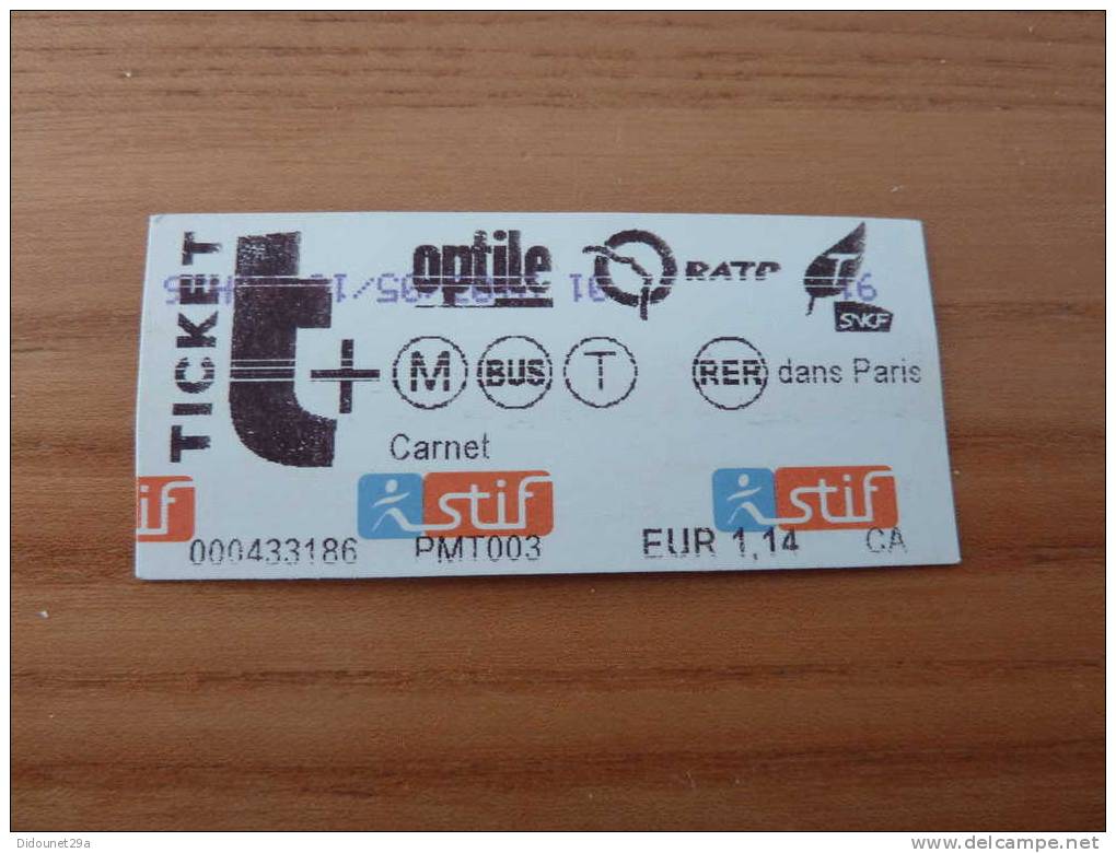 Ticket De Transport (métro, Bus, Train, Tramway) Stif PARIS(75) "carnet" (type2) - Europe