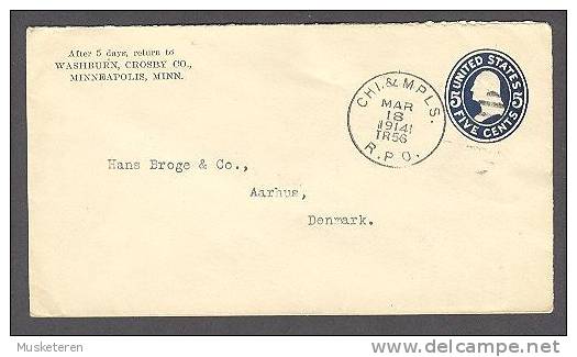 United States Private Postal Stationery Ganzsache Washburn, Crosby Co. Minneapolis Cover CHI. MPLS. 1914 R.P.O. Denmark - 1901-20