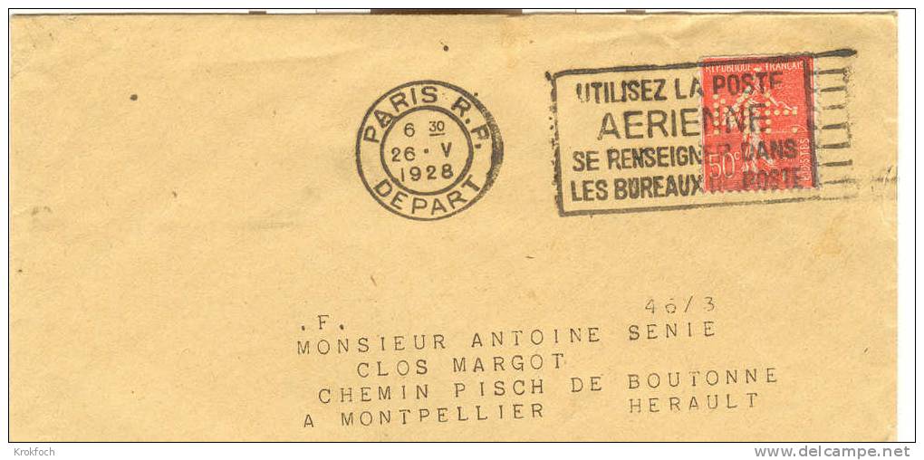 Semeuse Perforée MH Sur Lettre Paris 1928 - !!! Perforation Incomplète - Autres & Non Classés