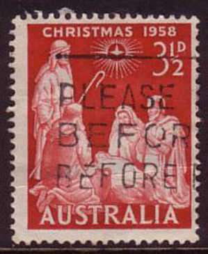 1958 - Australian Christmas 3.5d RED Nativity Scene Stamp FU - Gebruikt