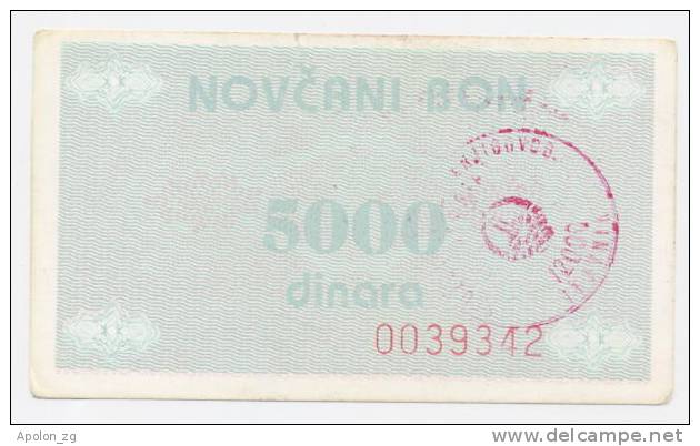 BOSNIA:  5000 Dinara ND(1992) XF+ *P51a  Handstamp TRAVNIK - Bosnie-Herzegovine