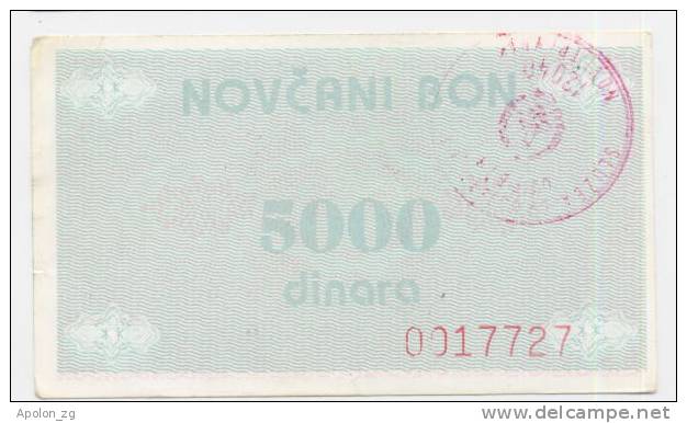 BOSNIA:  5000 Din ND(1992) AU *P-51b *hnds. NOVI TRAVNIK  *CAT. VALUE IS $ 350 - Bosnia And Herzegovina