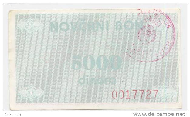 BOSNIA:  5000 Din ND(1992) AU *P-51b *hnds. NOVI TRAVNIK  *CAT. VALUE IS $ 350 - Bosnie-Herzegovine