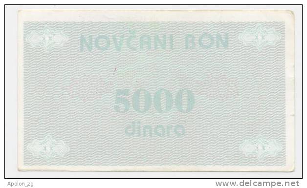 BOSNIA:  5000 Din ND(1992) AU *P-51b *hnds. NOVI TRAVNIK  *CAT. VALUE IS $ 350 - Bosnien-Herzegowina