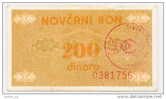 BOSNIA:  200 Dinara ND(1992) AXF *P48c  * Handstamp VITEZ - Bosnie-Herzegovine