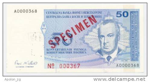 BOSNIA:  50 Convertible Pfeniga ND(1998) UNC  P-57s  *SPECIMEN BANKNOTE* - Bosnie-Herzegovine