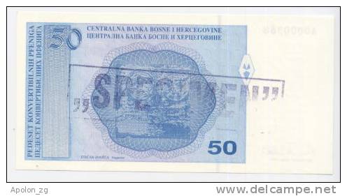 BOSNIA:  50 Convertible Pfeniga ND(1998) UNC  P-57s  *SPECIMEN BANKNOTE* - Bosnie-Herzegovine