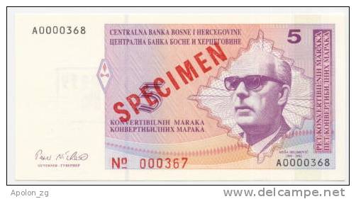 BOSNIA: 5 Convertible Maraka ND(1998) UNC * P-61s  *SPECIMEN BANKNOTE* - Bosnien-Herzegowina