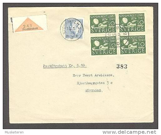 Sweden Postförskott Remboursement Money Order Label Stockholm 1960 Cover To Göteborg 3-sided UPU Anniversary 4-Block !! - Storia Postale