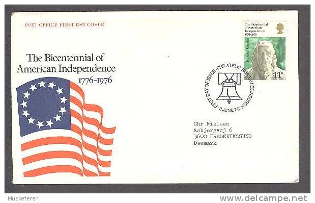 Great Britain FDC Cover 1976 Bicentennial Of American Independence Benjamin Franklin & American Flag Cachet - 1971-1980 Em. Décimales