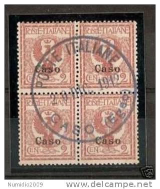 1912 COLONIE EGEO CASO USATO 2 CENT QUARTINA - RR1599 - Egée (Caso)