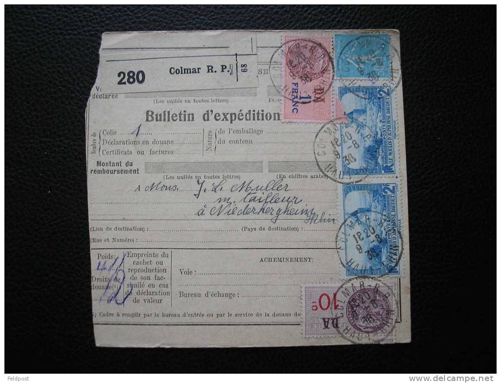 Bulletin D'expédition De Colis Postal COLMAR 1938 - Briefe U. Dokumente