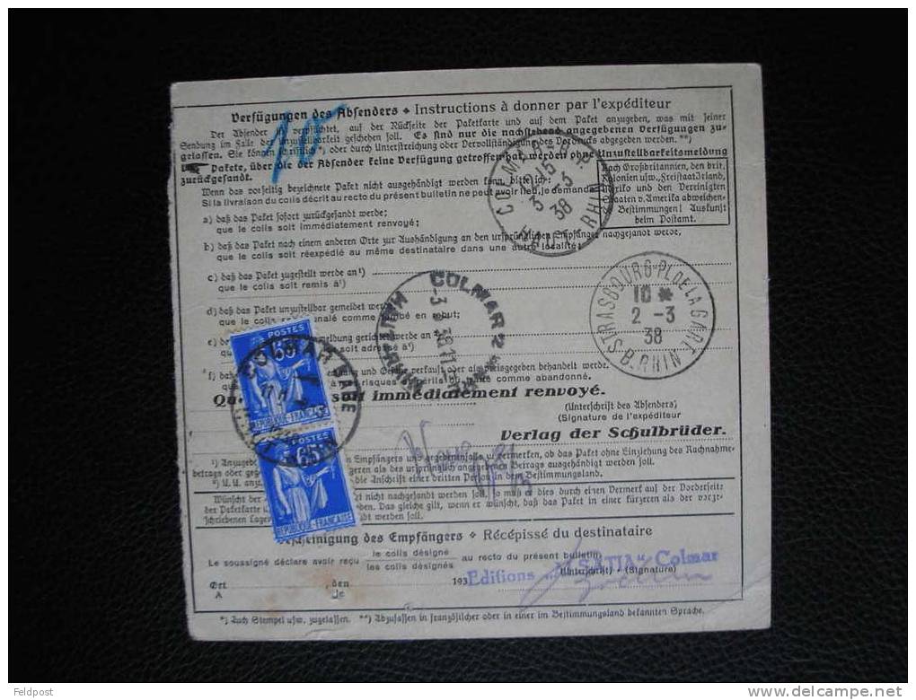 Bulletin D´expédition De Colis Postal De KIRNACH Pour COLMAR 1938 Avec Taxe De Dédouanement Au Verso - Briefe U. Dokumente