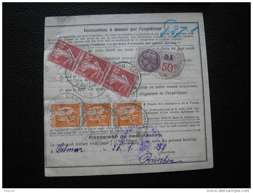 Bulletin D´expédition De Colis Postal De STRASBOURG POUR Colmar EN PORT Dû 1938 - Covers & Documents
