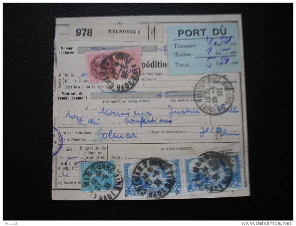 Bulletin D´expédition De Colis Postal De MULHOUSE Pour Colmar EN PORT Dû 1938 - Briefe U. Dokumente