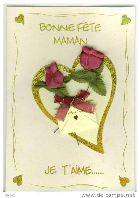 Bonne Fête Maman Je T'aime...Carte Double Neuve Fait Main Roses Feuilles Petit Noeud Tissu  Missive  Et Coeur Collés TBE - Fête Des Mères
