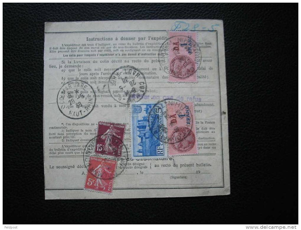 Bulletin D´expédition De Colis Postal De STRASBOURG Pour Colmar EN PORT Dû 1938 - Lettres & Documents