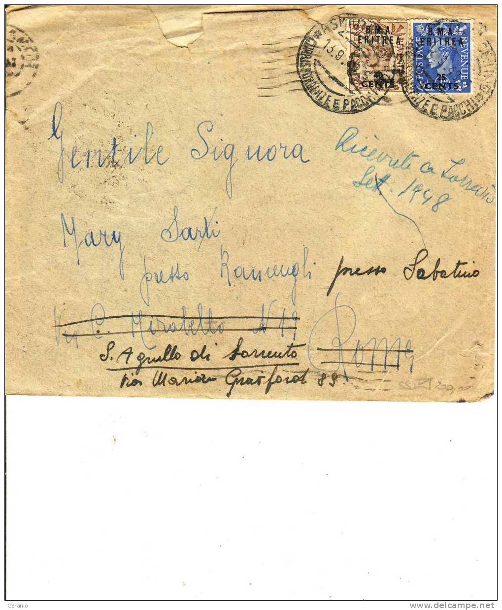 BA ERITREA M.E.F. ASMARA 1948 CENT 40 - CENTS 25 - Eritrée