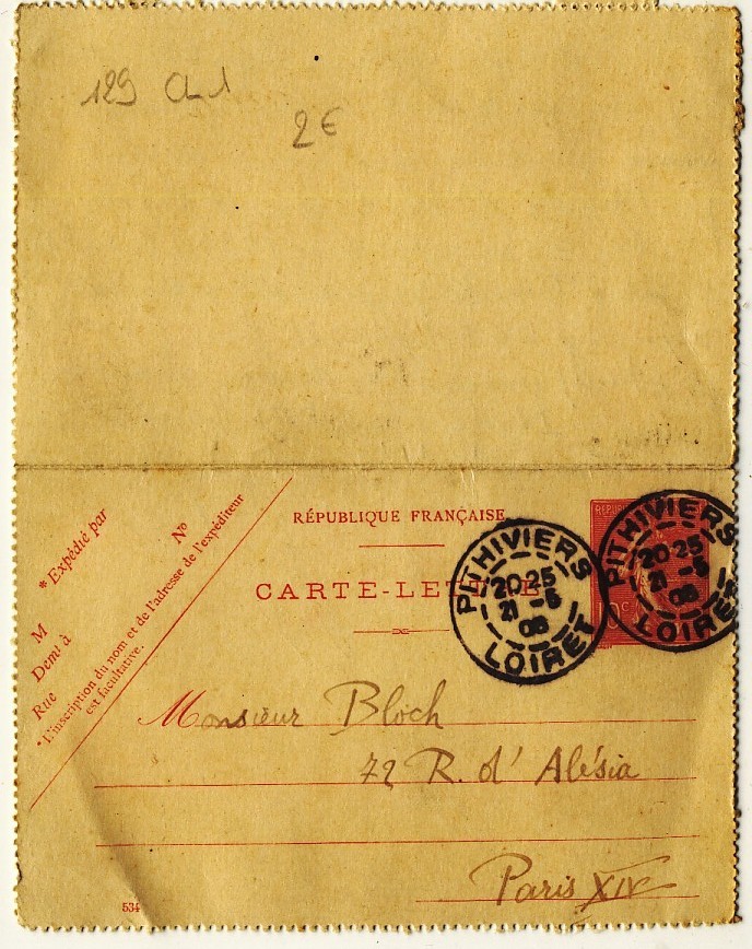 Carte Lettre 129CL1 - Départ "PITHIVIERS - LOIRET - 21/05/1906" - Cartoline-lettere