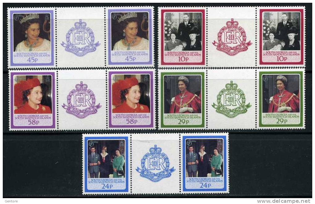 SOUTH GEORGIA SANDWICH ISLAND 60° Ann. Queen Elizabeth Cpl Set Of 5 Gutter Pair Absolutely MNH - South Georgia