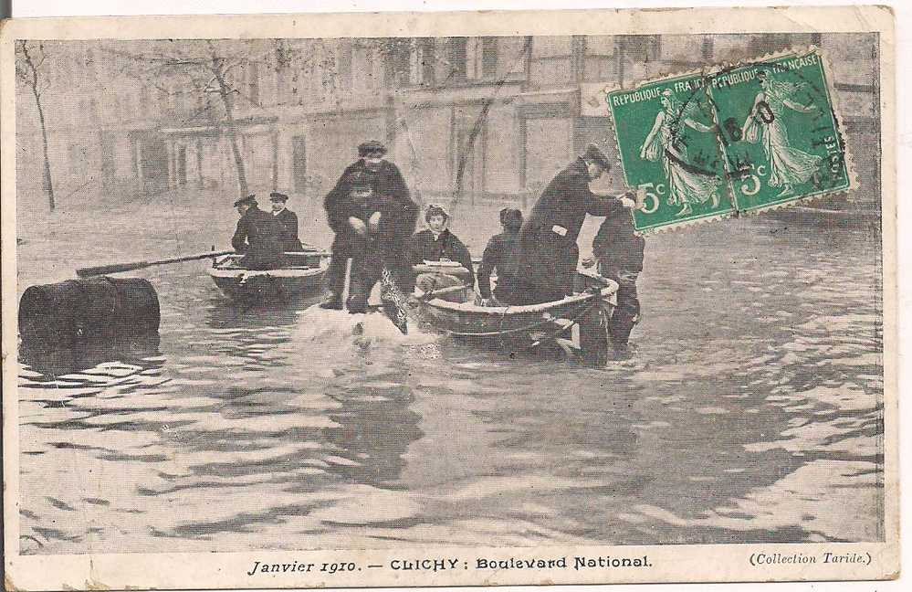 92 - CLICHY  - Crues De Janvier 1910 - Bouvevard National - Animée - Oblitérée En 1910 - Clichy