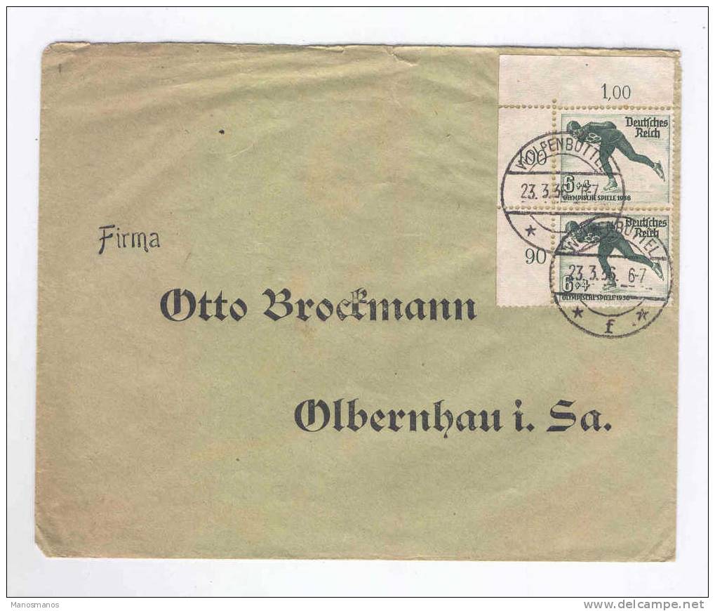 313/15 - ALLEMAGNE Reich -  Lettre TP Jeux Olympiques De Berlin 1936 Coin De Feuille - Cachet WOLFENBUTTEL - Estate 1936: Berlino