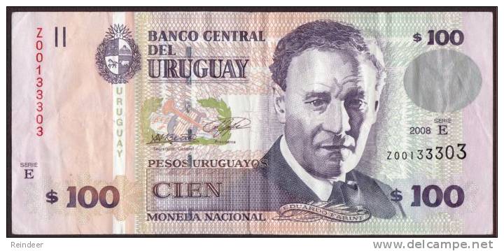 ® URUGUAY: 100 Pesos Reposicion-Replacement Prefijo "Z" (Serie E - 2008) AU - Uruguay