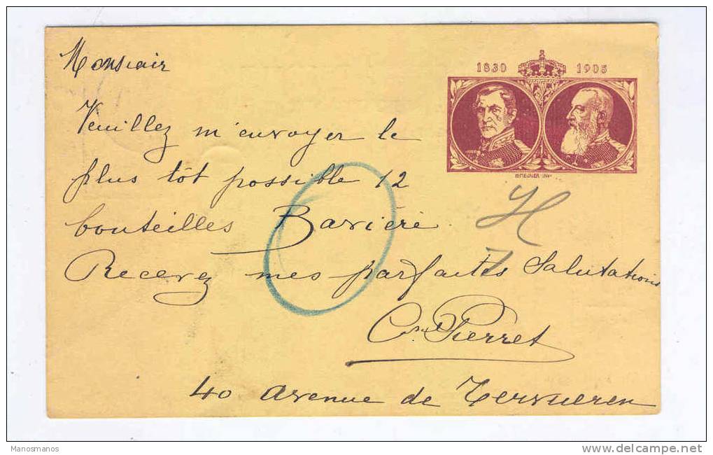 341/15 - BELGIQUE - Entier Postal Armoiries BXL 1905 -  Commande Vers Brasserie De KOEKELBERG - Beers