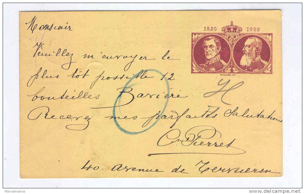 341/15 - BELGIQUE - Entier Postal Armoiries BXL 1905 -  Commande Vers Brasserie De KOEKELBERG - Bières