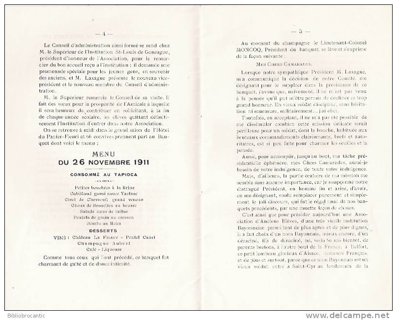 ASSOCIATION AMICALE DES ANCIENS ELEVES DE ST LEON-ST LOUIS DE CONZAGUE DE BAYONNE -7éme ASSEMBLEE GENERALE DU 26/11/1911 - Baskenland