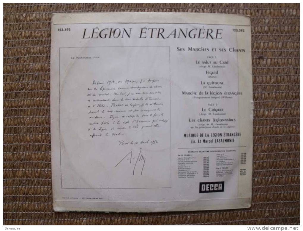 DISQUE - MILITARIA - LEGION ETRANGERE - SES MARCHES ET SES CHANTS - DIR. LT M. LASALMONIE - ENVOI DU MARECHAL JUIN 1952 - Formatos Especiales