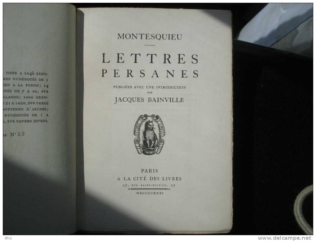 MONTESQUIEU // LETTRES PERSANES // 1931 // NUM52 Sur 1020 Ex // VERGE A LA FORME - La Pléiade