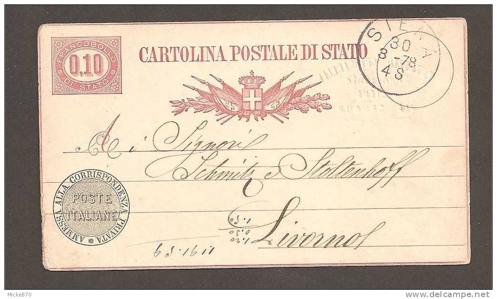 Italie Entier Postal De 1878 - Entiers Postaux